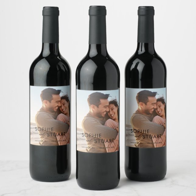 Minimalist Photo Overlay Simple Typography Wedding Wine Label (Bottles)