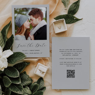 Minimalist Photo Pale Grey Script QR Code Save The Date