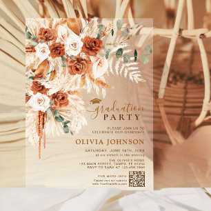 Minimalist Photo QR Code Floral Graduation Acrylic Invitations