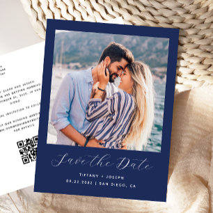 Minimalist Photo QR Code Navy Blue Save the Date Postcard