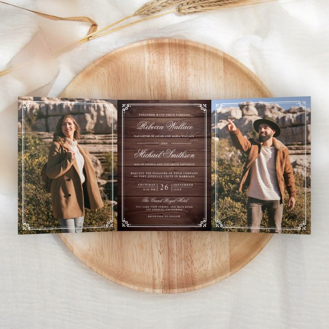 Minimalist Photo Rustic Barn Wood QR Code Wedding Tri-Fold Invitation (Creator Uploaded)