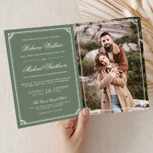 Minimalist Photo Sage Green White QR Code Wedding Invitation