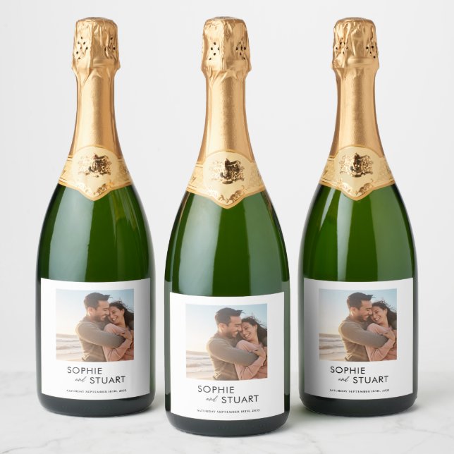 Minimalist Photo Simple Typography Wedding Sparkling Wine Label (Bottles)