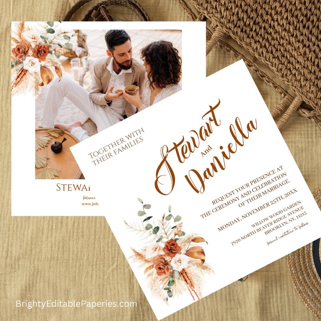 Minimalist Photo Terracotta Boho Pampas Wedding Invitation (Minimalist Magic: Terracotta and Pampas Boho Wedding Invitations for the Modern Bride.)