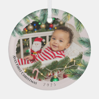 Minimalist Photo watercolor Baby's First Christmas Glass Tree Decoration