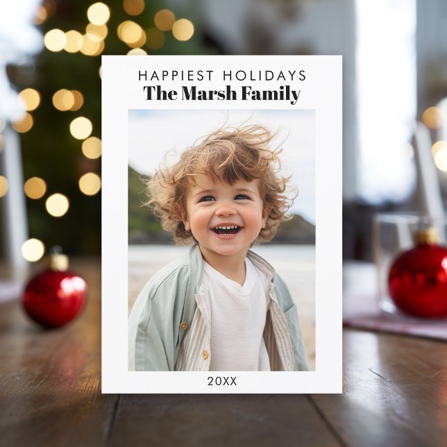 Minimalist Photo White Border Handwritten Happiest Holiday Card (Modern, minimal Christmas Greeting card with photo, white border and mod text.)