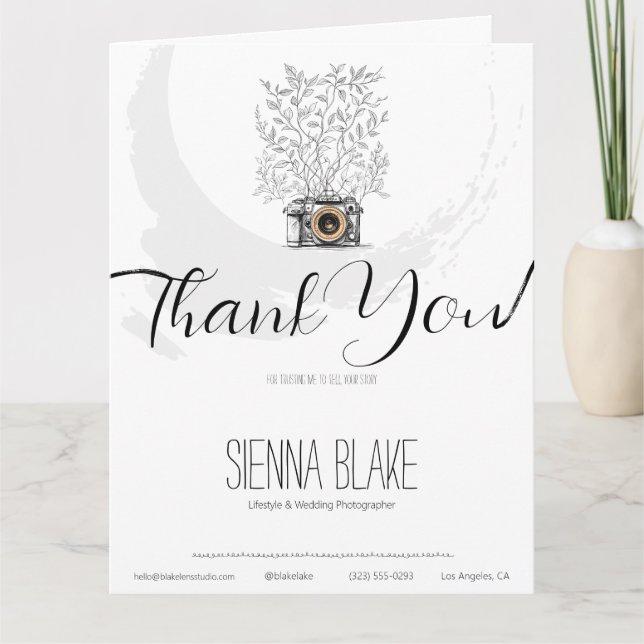 Minimalist Photographer Botanical Camera B&W Thank You Card (Front)