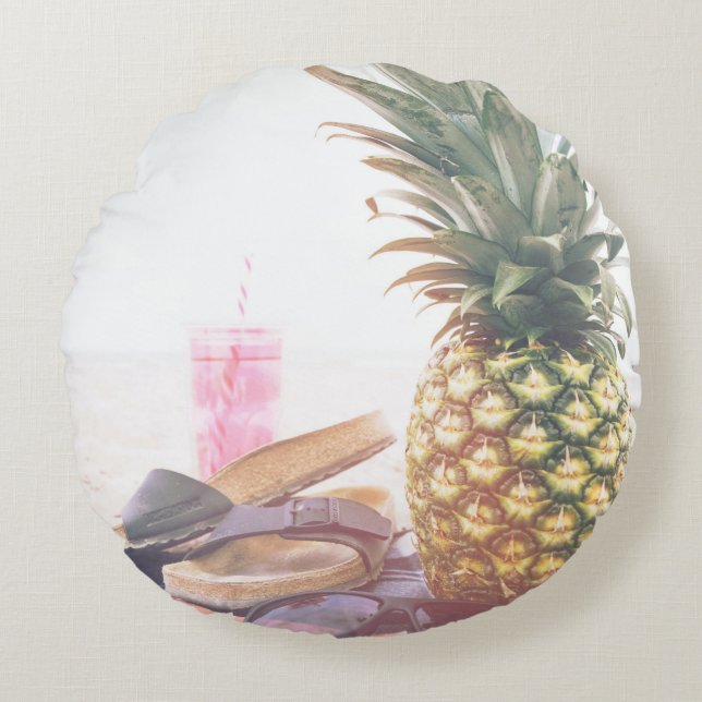 Minimalist photography of pineapple near sandals a round cushion (Front)