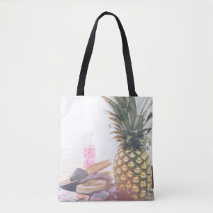 Minimalist photography of pineapple near sandals a tote bag