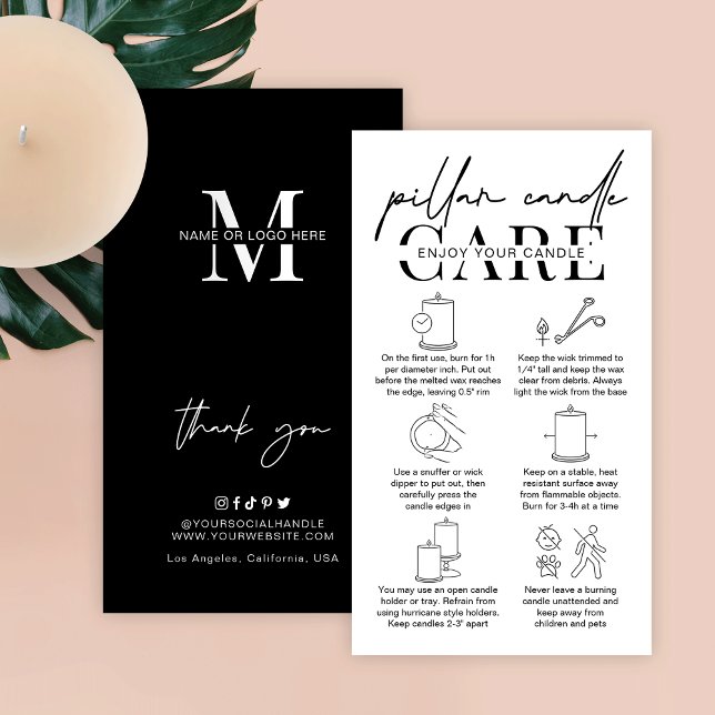 Minimalist Pillar Candle Safety Instructions Business Card (Minimalist pillar candle care instructions business cards with space for your logo and brand details)