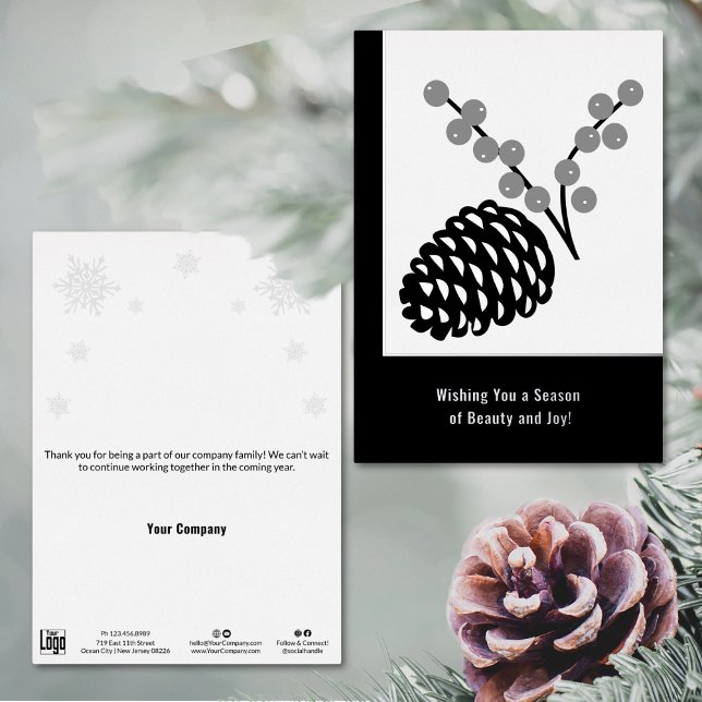 Minimalist Pine Cone Foil Business Holiday Card (Minimalist Pine Cone Foil Business Holiday Card, Black & White)