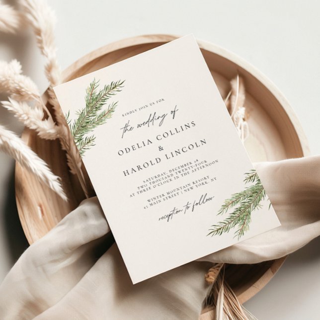 Minimalist Pine Tree Branch Winter Wedding Invitation (Creator Uploaded)