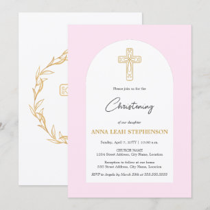 Minimalist Pink and Gold Cross Christening Invitation