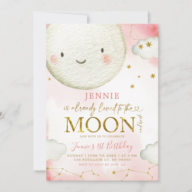 Minimalist Pink and Gold Moon Girl Birthday Theme Invitation (Front)