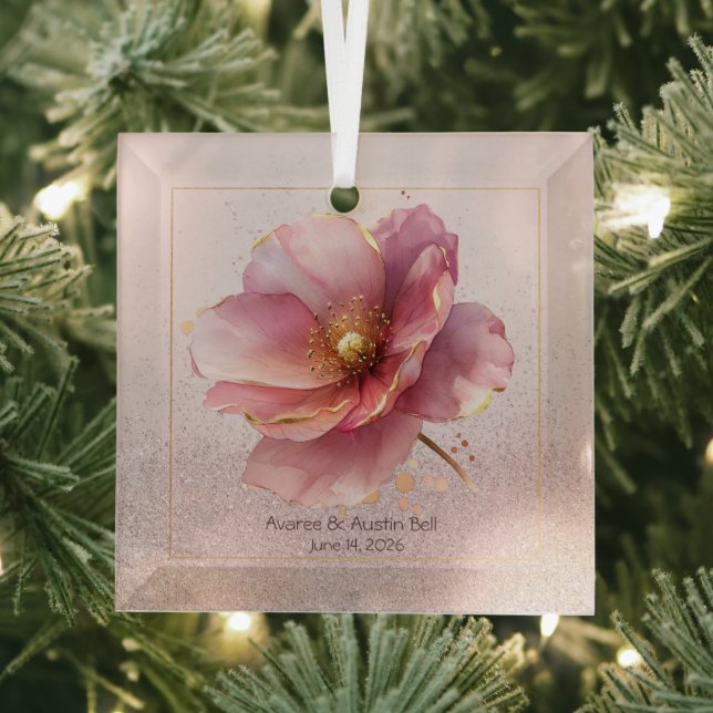 Minimalist Pink and Gold Poppy Wedding Glass Tree Decoration (Insitu)