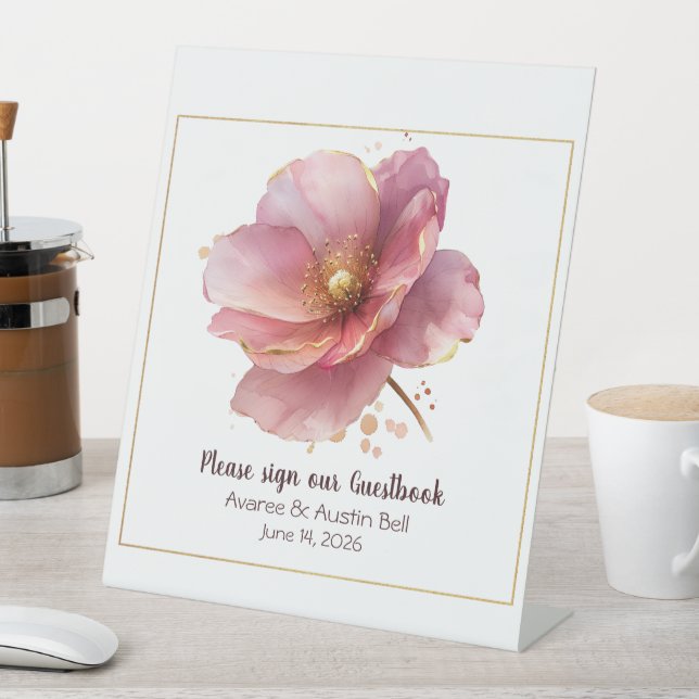 Minimalist Pink and Gold Poppy Wedding Pedestal Sign (In SItu)