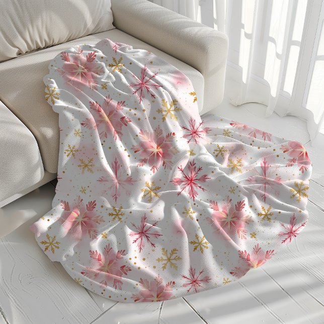 Minimalist Pink and Gold Winter Snowflakes Sherpa Blanket (pink and gold winter snowflake sherpa blanket on couch christmas holidays)