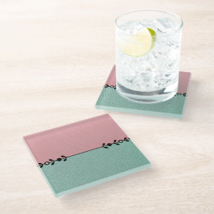 Minimalist Pink and Mint Green with Black Flourish Glass Coaster