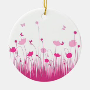 Minimalist Pink and White Poppies Meadow Floral Ceramic Tree Decoration