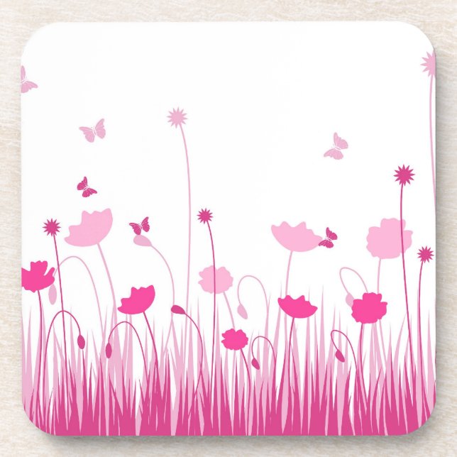 Minimalist Pink and White Poppies Meadow Floral Coaster (Front)