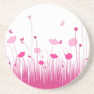 Minimalist Pink and White Poppies Meadow Floral Coaster