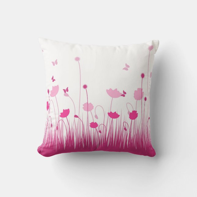Minimalist Pink and White Poppies Meadow Floral Cushion (Front)