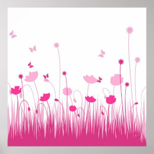 Minimalist Pink and White Poppies Meadow Floral Poster