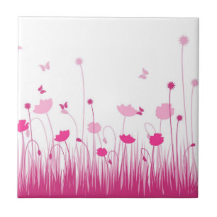 Minimalist Pink and White Poppies Meadow Floral Tile