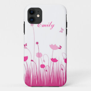Minimalist Pink and White Poppies Meadow Name Case-Mate iPhone Case