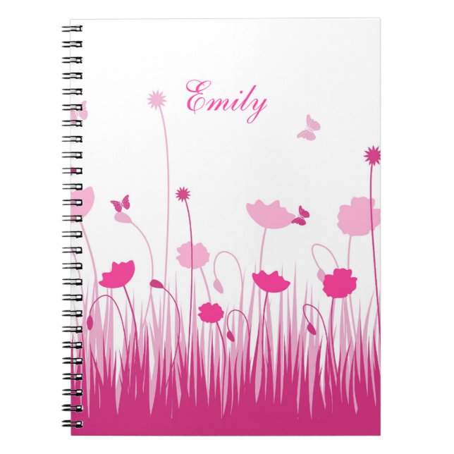 Minimalist Pink and White Poppies Meadow Name Spiral Notebook (Front)