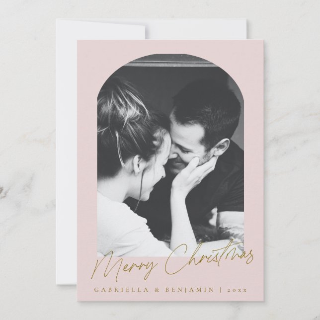 Minimalist Pink Arch Two Photo Christmas Letter Holiday Card (Front)