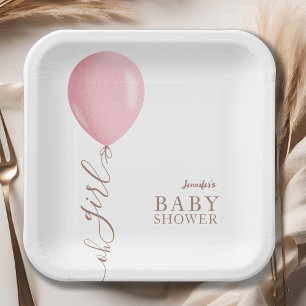 Minimalist Pink Balloon Oh Girl Baby Shower Paper Plate