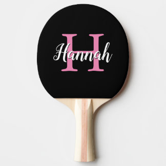 Minimalist Pink Black Script Monogram Name Ping Pong Paddle