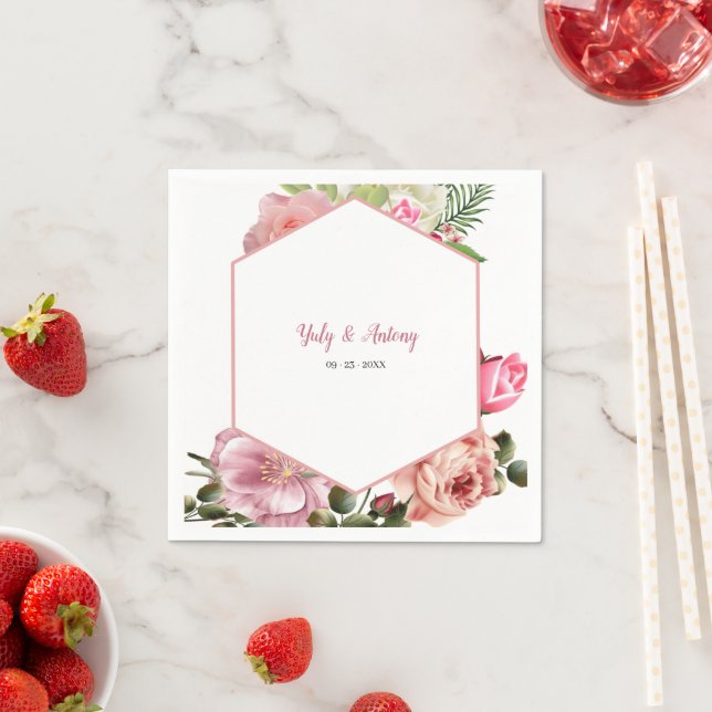 Minimalist Pink Blossom Hexagon Reception Table Napkin (Insitu)