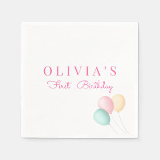 Minimalist Pink Blue Yellow Balloon First Birthday Napkin