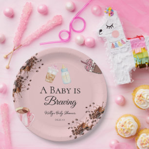 Minimalist pink Bottle Coffee Baby Shower Paper Plate