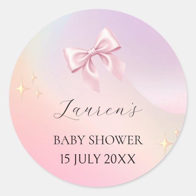Minimalist Pink Bow Baby Shower Classic Round Sticker (Front)