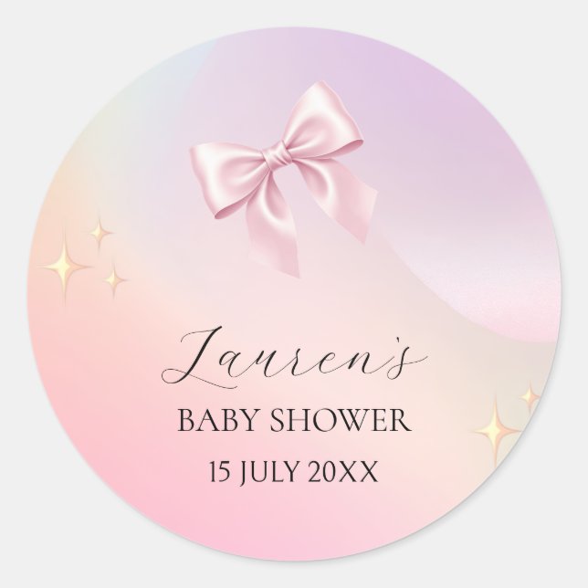 Minimalist Pink Bow Baby Shower Classic Round Sticker (Front)