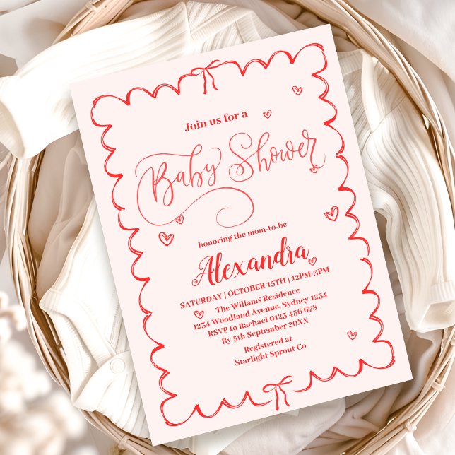 Minimalist Pink Bow Doodle Baby Shower Invitation (Creator Uploaded)