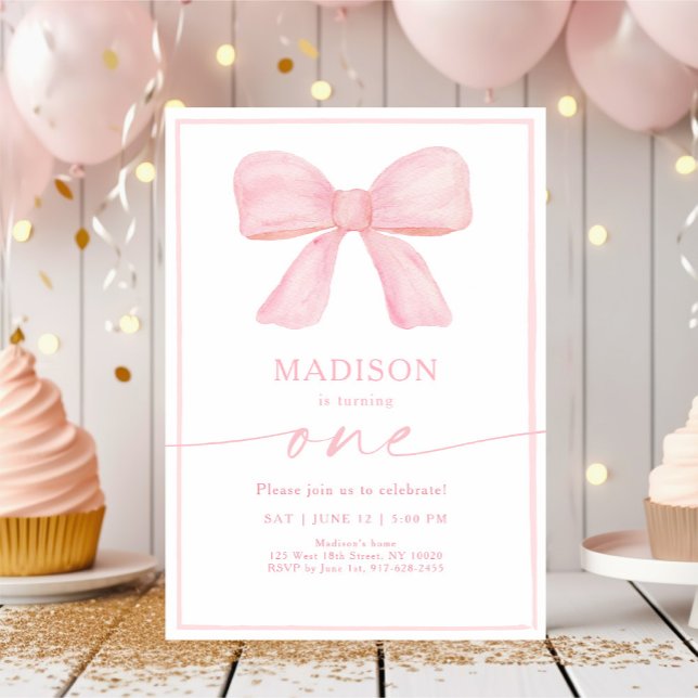 Minimalist Pink Bow First Birthday Invitation (Creator Uploaded)