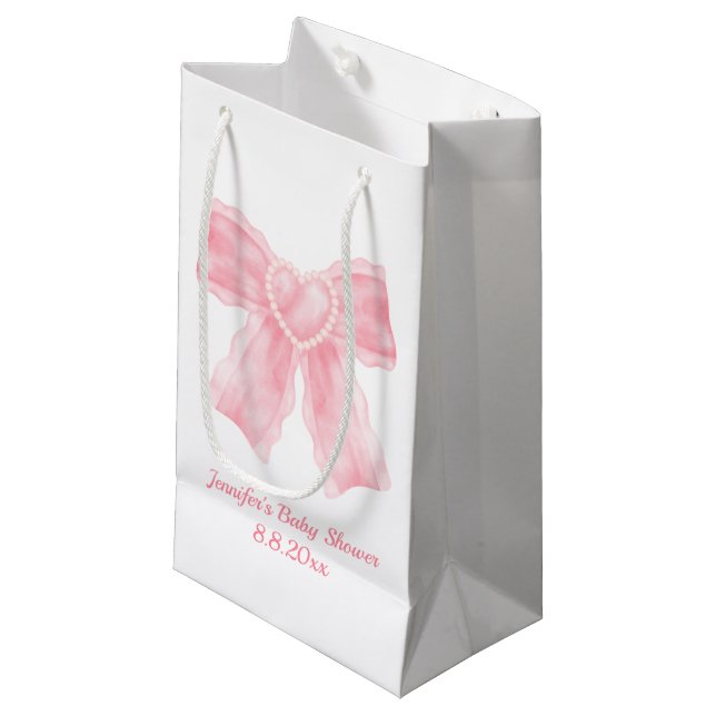 minimalist pink bow girl baby shower  small gift bag (Front Angled)