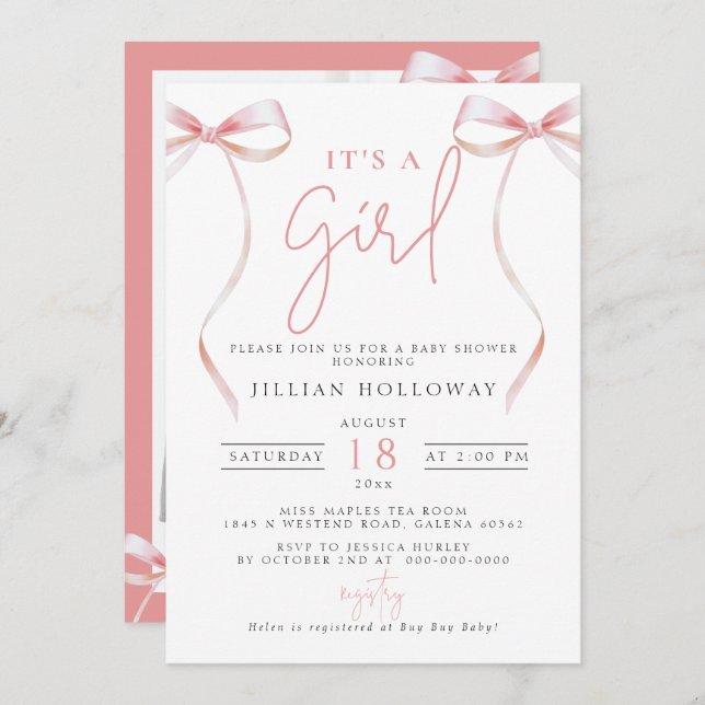 Minimalist Pink BOW Its a girl Baby Shower Invitation (Front/Back)