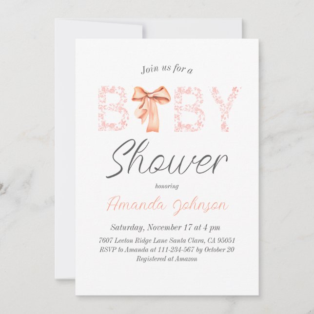 Minimalist Pink Bow Toile Floral Baby Shower Invitation (Front)