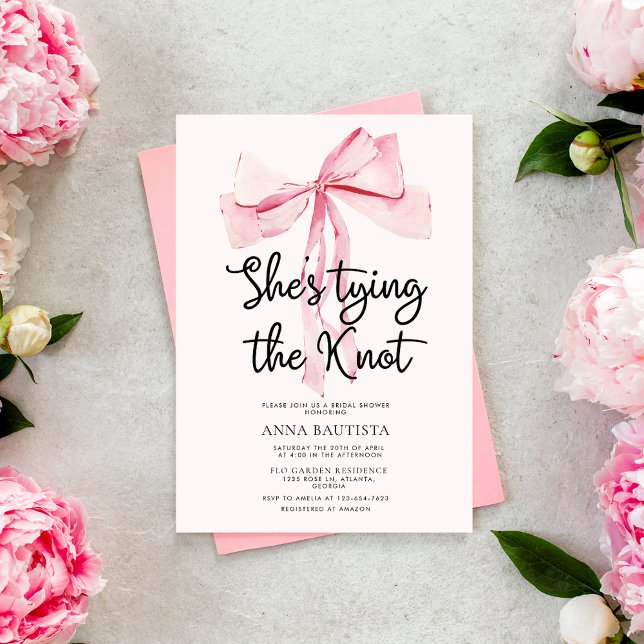 Minimalist Pink Bow Tying The Knot Bridal Shower Invitation (Creator Uploaded)
