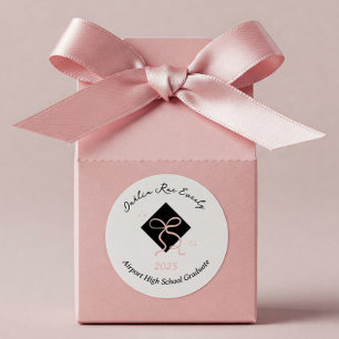 Minimalist Pink Cap and Bow Graduation Classic Round Sticker