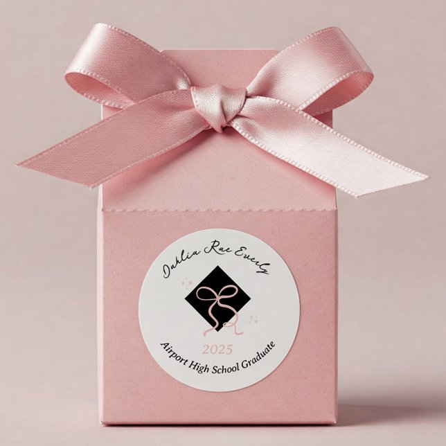 Minimalist Pink Cap and Bow Graduation Classic Round Sticker (Cap and Pink Bow Graduation Sticker)