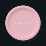 Minimalist pink custom name text solid elegant paper plate<br><div class="desc">Minimalist pink and white custom name text monogram solid plain modern elegant girly chic party Paper Plates.
Customisable white text,  you can customise the text or delete it and keep the solid colour plate.</div>