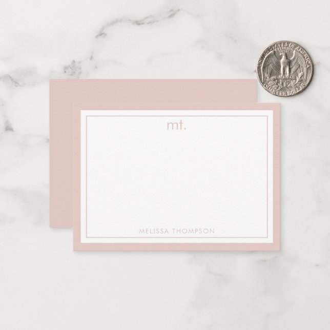 Minimalist Pink Double Border Modern Monogram Card (Front/Back In Situ)