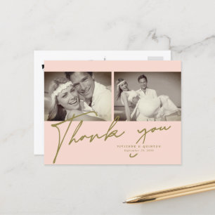 Minimalist Pink Frame 2 Photo Wedding Thank You Postcard