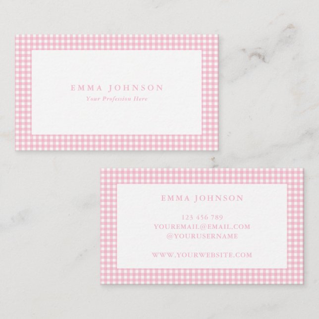 Minimalist Pink Gingham Plaid Business Card (Front/Back)
